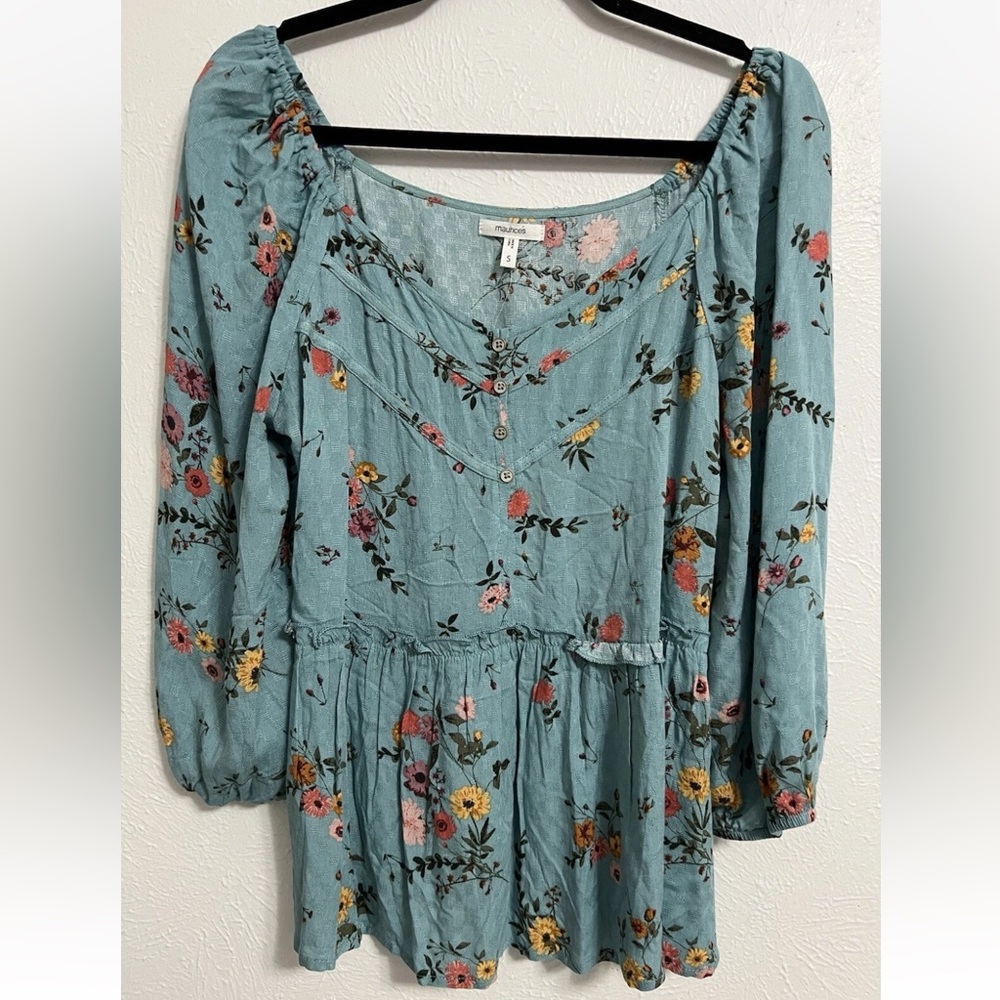 NWT Maurices Blue Floral Button wrist length Peasant Boho Blouse Size Small
